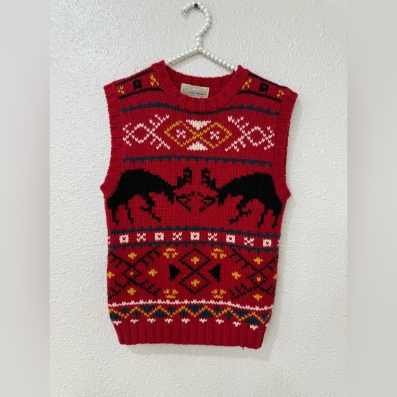 Vintage Knit Wool Vest, fighting elk deer design Size S - Picture 1 of 7